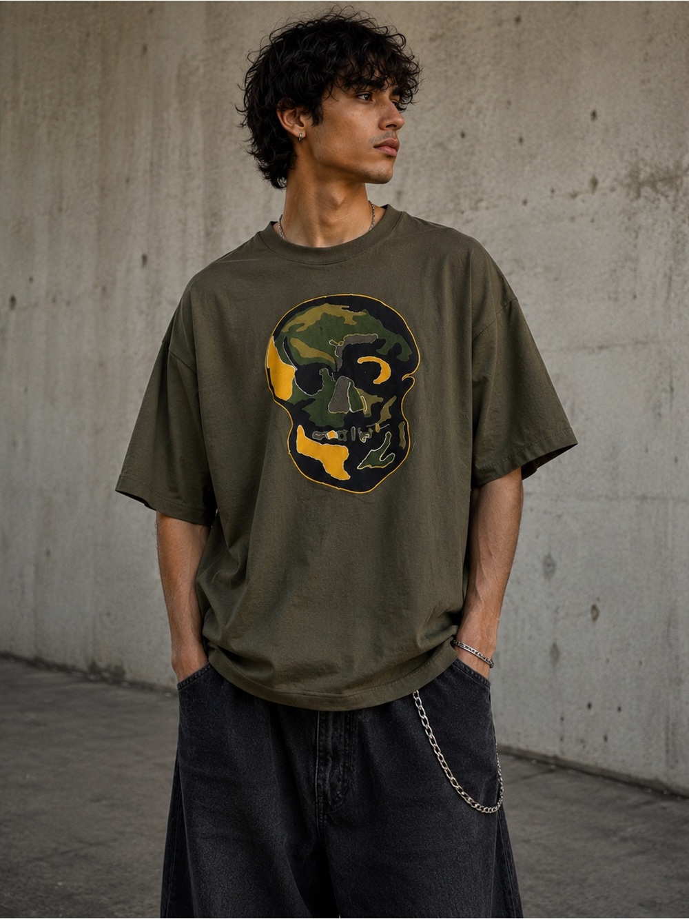 Y2K Sean John Skull Graphic Tee | Olive Camo Streetwear XXL